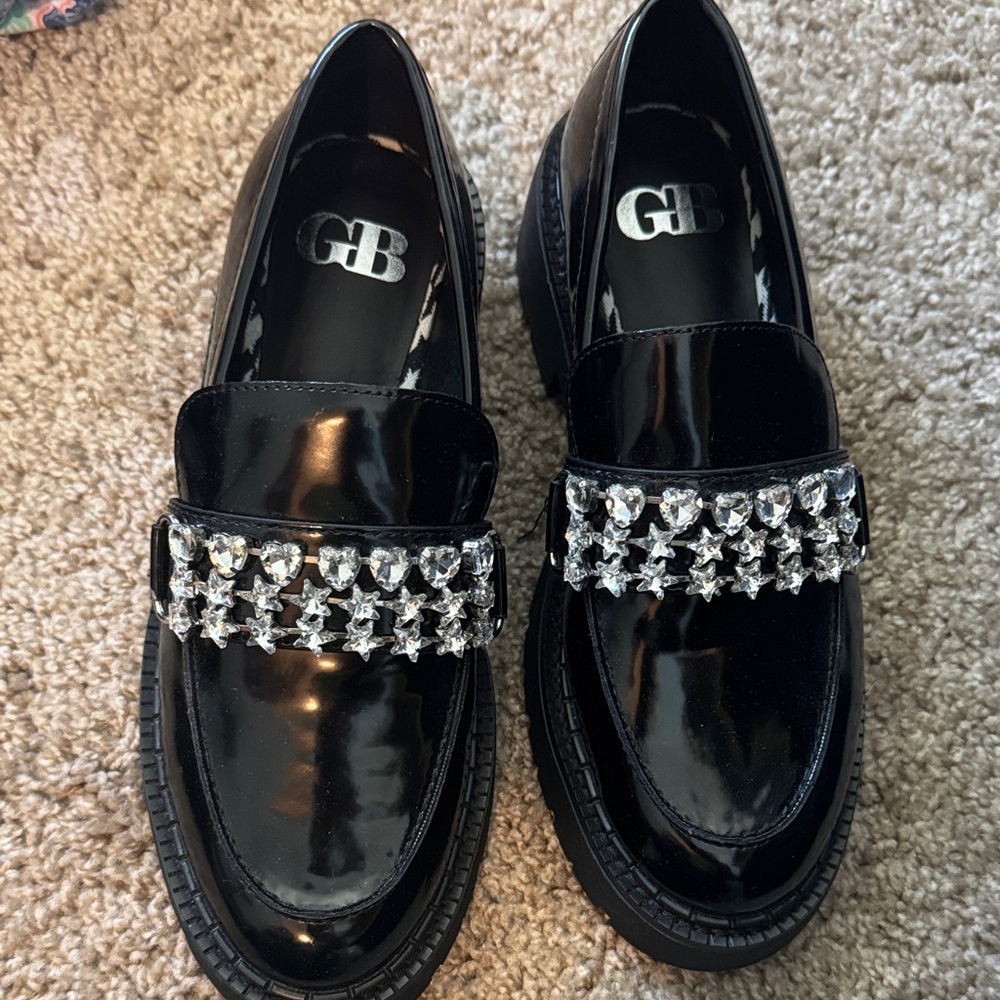 GB Girls Shiny Black Loafers with Crystal Accents